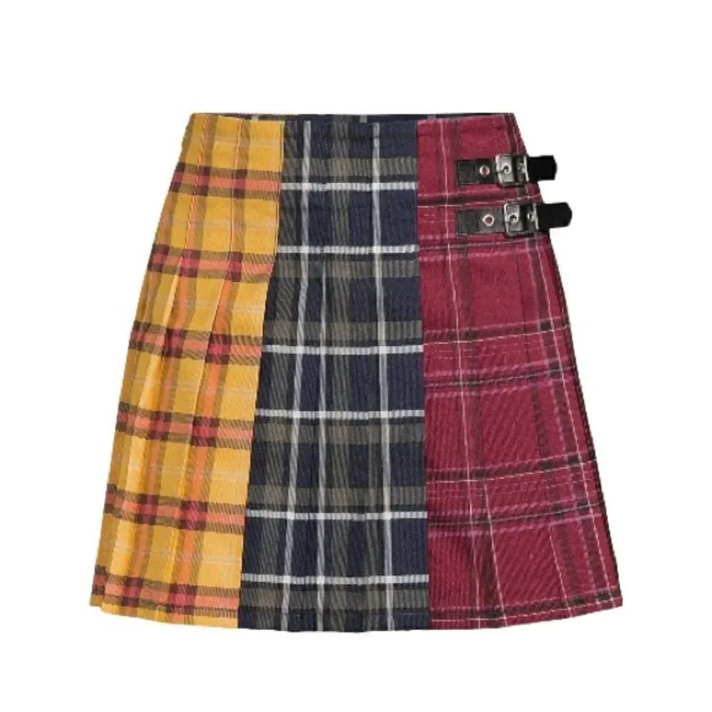 Womens Juniors Denim Pleated Plaid Mini Skirt Size S (3/5)